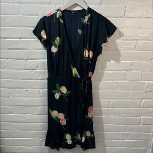 Rails Black Wrap Midi Dress with Pink & Yellow Citrus Print